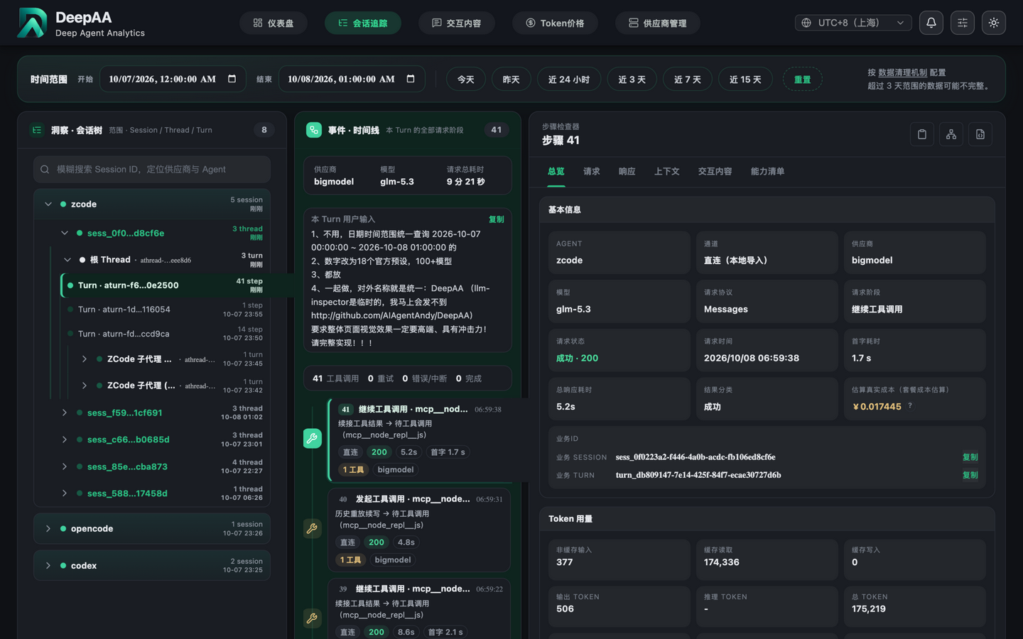 Session → Thread → Turn → Step hierarchy view（深色）